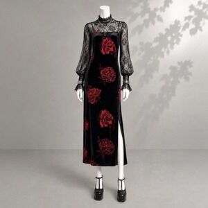 Vintage 90s Arianna Velvet Slip Dress S/M Black Red Floral Whimsigoth Maxi